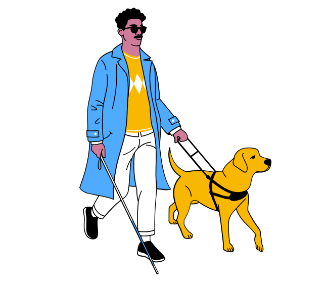 Man with sunglasses and a white cane walking with his guide dog