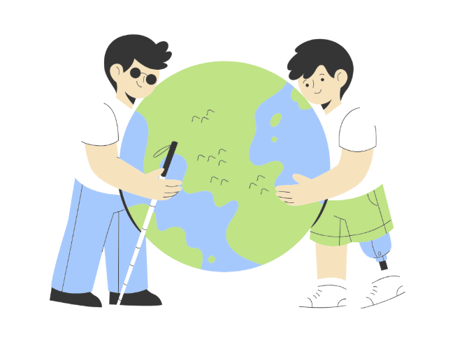 Two people, one with a white cane and one with a prosthetic leg, embracing the globe, symbolizing global inclusion