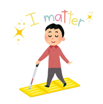 Visually impaired person walking on tactile paving with a text above that reads 'I matter'