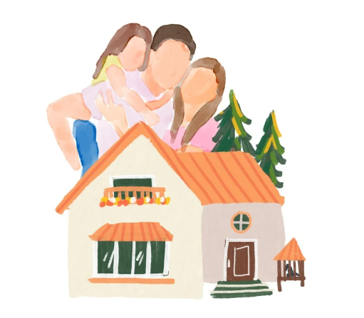 Family portrait over a stylized house, representing home, security, and family life