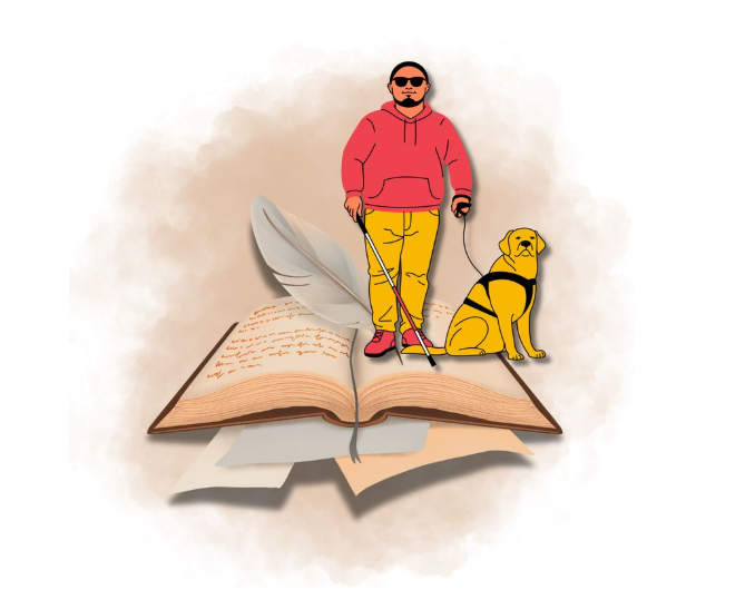 Visually impaired writer with a guide dog standing on an open book with a feather quill