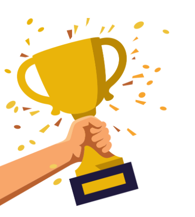 Hand holding a gold trophy with confetti, symbolizing victory and achievement