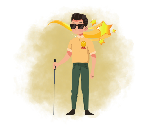 Visually impaired man with a medal/badge and cane, symbolizing a high achievement