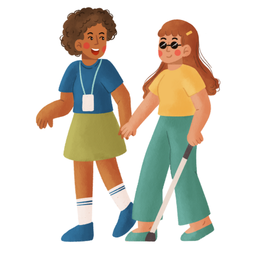 Sighted guide helping a visually impaired woman with a white cane walk