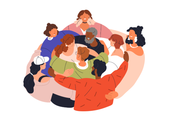 Diverse group of people hugging in a circle, representing community and inclusion