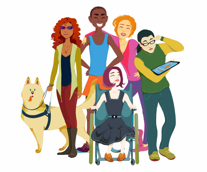 Diverse group of people with disabilities: a woman in a wheelchair, a person with a guide dog, and others smiling
