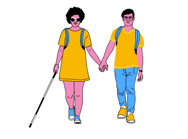 Couple walking hand-in-hand while visually impaired woman is being guided by her sighted partner