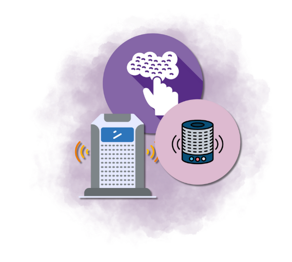 Data server connecting to the cloud and a smart speaker, illustrating IoT or cloud computing