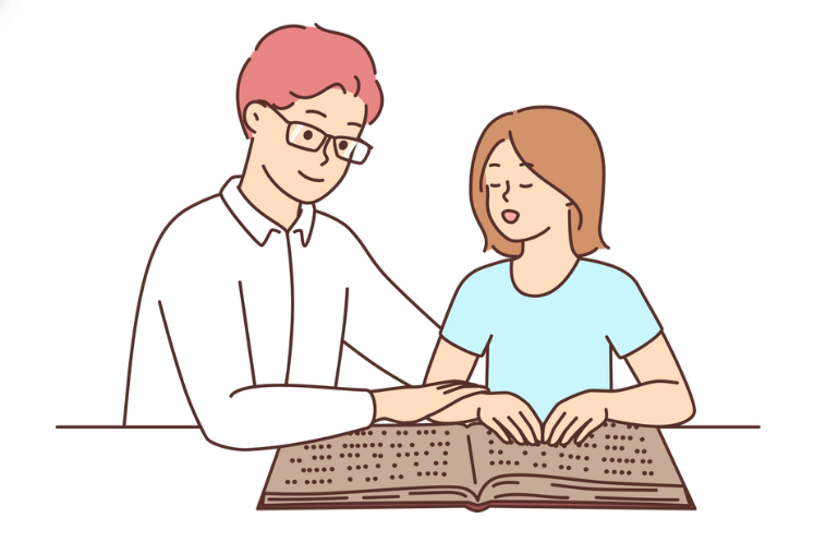 Man guiding a female relative's hand as she reads a book written in braille